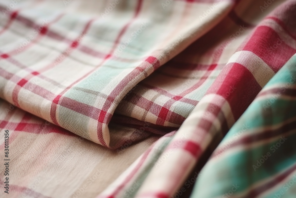 Red and white textile plaid material, background. Generative AI