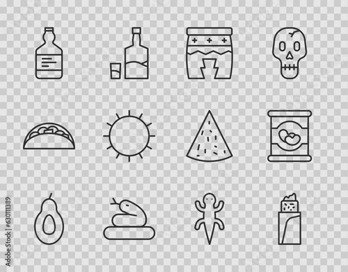Set line Avocado, Burrito, Huehuetl, Snake, Tequila bottle, Sun, Lizard and Beans in can icon. Vector