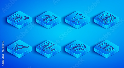 Set line Advertising, Megaphone, Social media marketing, SEO optimization, Magnifying glass and analysis and icon. Vector