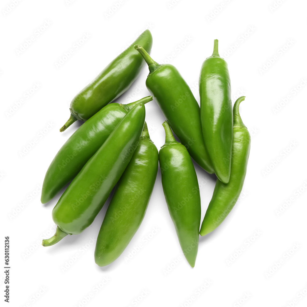 Green chili peppers on white background Green chili peppers on white background