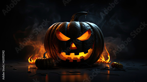 Halloweenkürbis (jack-o'-lantern) mit einem Hexenhut auf. Umgeben von Flammen und Rauch.