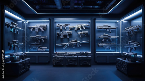 Modern interior of gun shop. Futuristic arsenal that offers a choice of advanced weaponry options photo