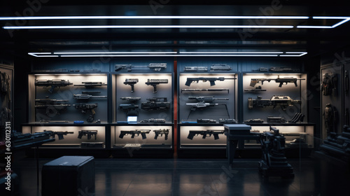 Modern interior of gun shop. Futuristic arsenal that offers a choice of advanced weaponry options