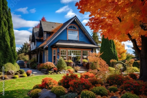 In the beautiful season of autumn, a vibrant and lively house catches your attention. It boasts a peak roof, large windows, and an array of colorful landscaping. The sunny blue sky serves as a