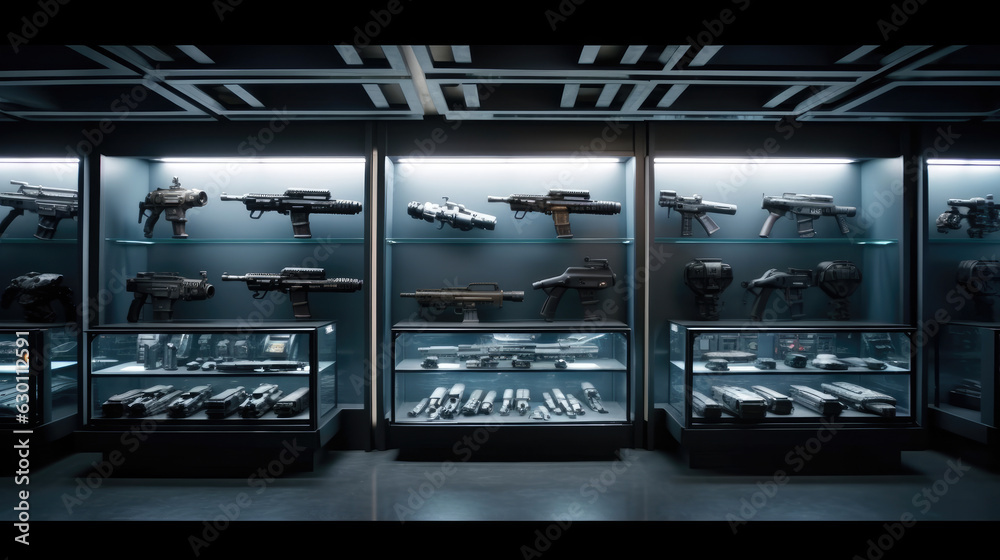 Modern interior of gun shop. Futuristic arsenal that offers a choice of advanced weaponry options - obrazy, fototapety, plakaty 
