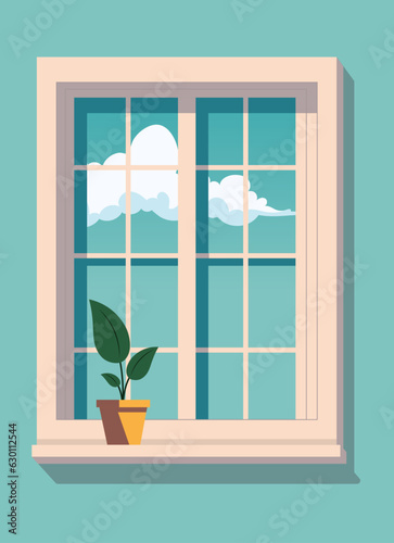 Scene of a wooden window with a plant and the sky in the background with a cloud.