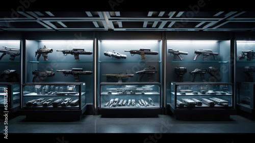 Modern interior of gun shop. Futuristic arsenal that offers a choice of advanced weaponry options photo