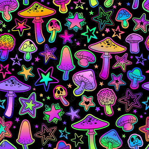 Seamless illustration of colorful bright mushrooms and stars
