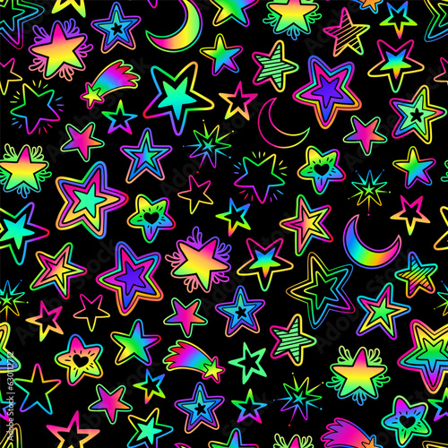 Seamless illustration of scattered multicolored sketched stars