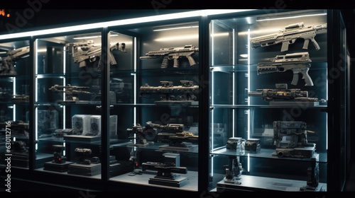 Modern interior of gun shop. Futuristic arsenal that offers a choice of advanced weaponry options