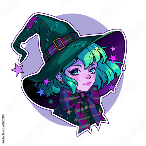 Portrait of a cute multicolored witch in a hat