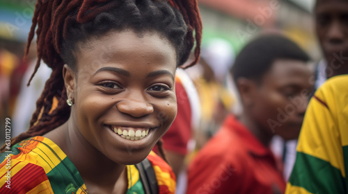 A smiling Cameroonian woman wearing the Cameroon shirt 