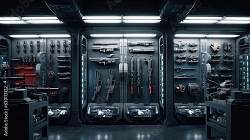 Modern interior of gun shop. Futuristic arsenal that offers a choice of advanced weaponry options photo