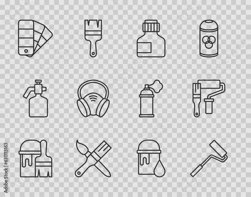 Set line Paint bucket with brush, roller, Paint, gouache, jar, dye, Color palette guide, Gas mask, and icon. Vector