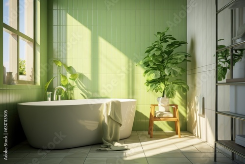 Modern bathroom with white bathtub  potted plant  and green accents.