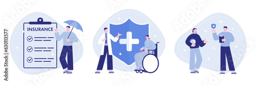 Health insurance vector concept, people with a doctor fill out a medical online insurance form. It can be used for landing page, ui, web, mobile app.