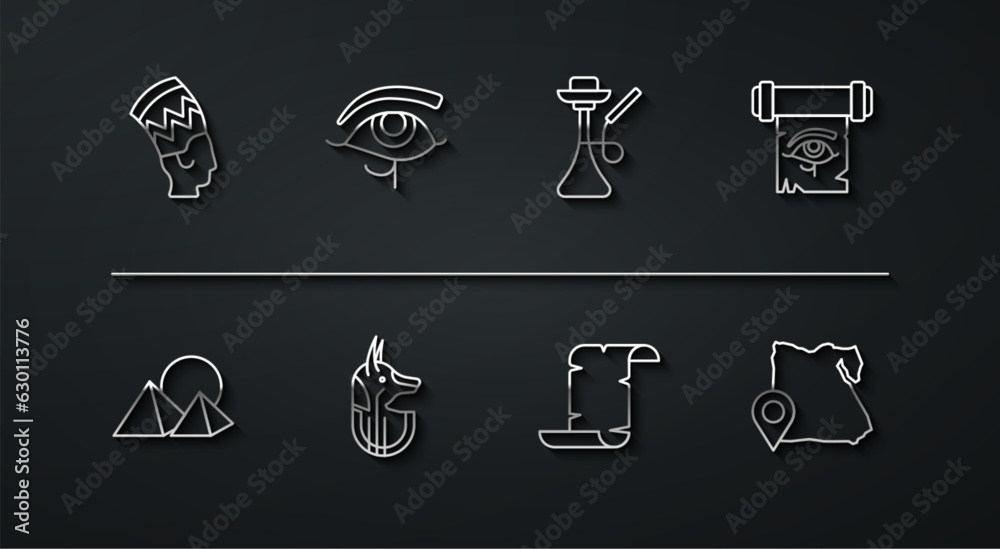 Set line Nefertiti, Egypt pyramids, Eye of Horus on papyrus scroll, Papyrus, Egyptian anubis, Map and Hookah icon. Vector Set line Nefertiti, Egypt pyramids, Eye of Horus on papyrus scroll, Papyrus, Egyptian anubis, Map and Hookah icon. Vector