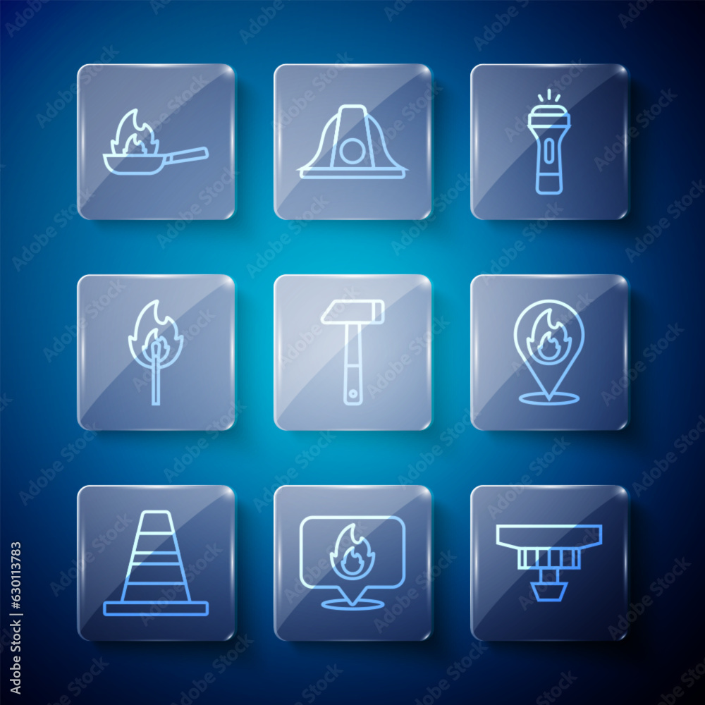 Set line Traffic cone, Location with fire flame, Smoke alarm system, Flashlight, Hammer, Burning match, Pan and icon. Vector Set line Traffic cone, Location with fire flame, Smoke alarm system, Flashlight, Hammer, Burning match, Pan and icon. Vector