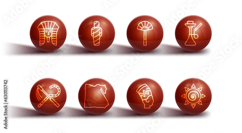 Set line Egyptian pharaoh, Crook and flail, Hookah, Nefertiti, Map of, mummy, Sun and fan icon. Vector
