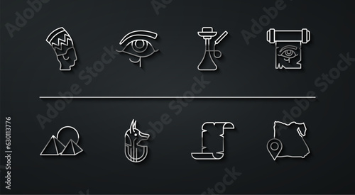 Set line Nefertiti, Egypt pyramids, Eye of Horus on papyrus scroll, Papyrus, Egyptian anubis, Map and Hookah icon. Vector