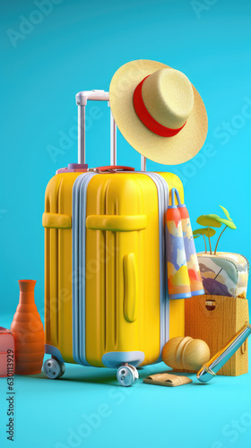 3D rendering of Yellow suitcase with beach accessories on blue background. vacation time. Summer travel concept.generative ai