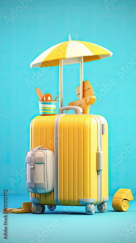 3D rendering of Yellow suitcase with beach accessories on blue background. vacation time. Summer travel concept.