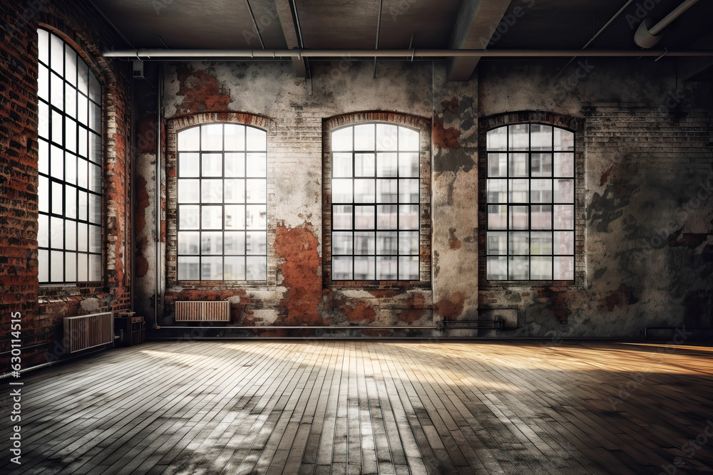 Empty Red Weathered Brick Loft Apartment with Grunge Look Bright Interior Empty Red Weathered Brick Loft Apartment with Grunge Look Bright Interior