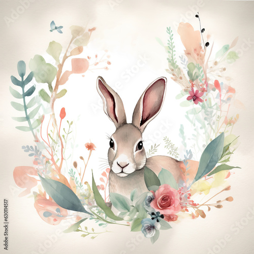 Rabbit with flowers and leaves. Watercolor illustration with copy space