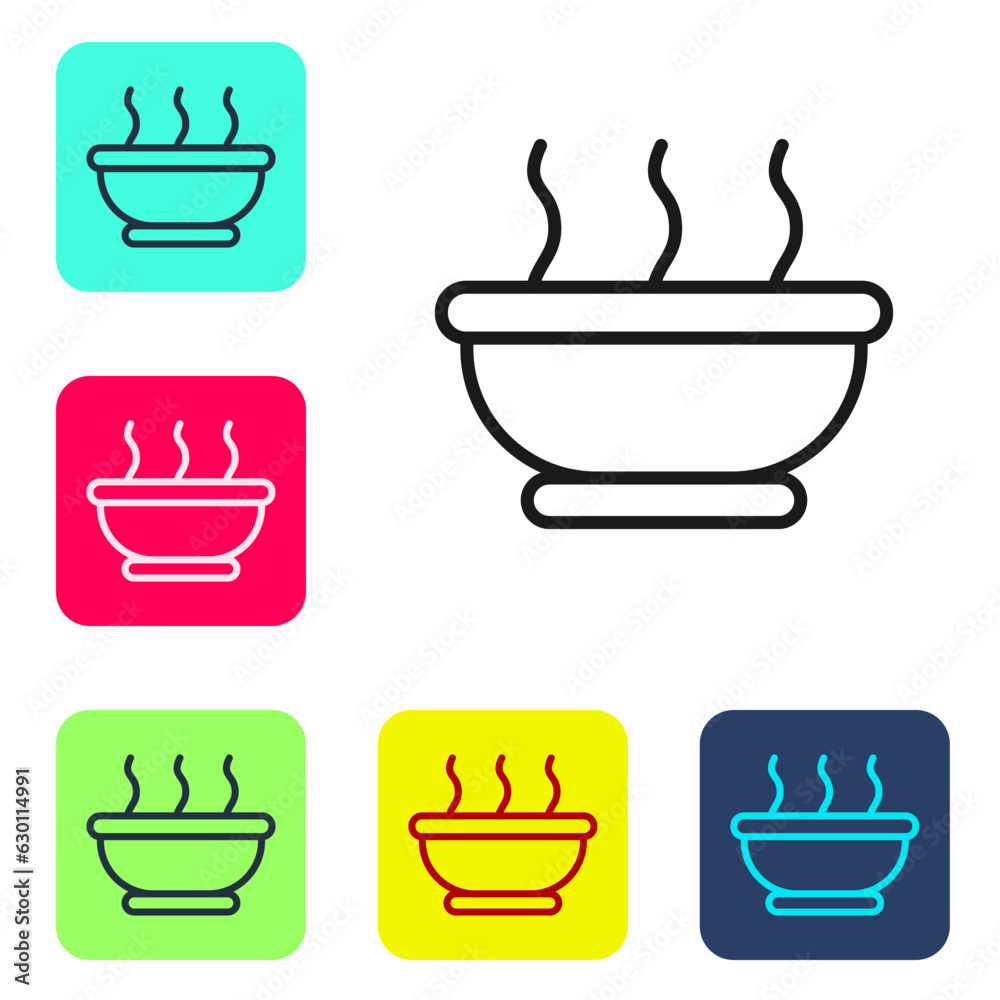Black line Bowl of hot soup icon isolated on white background. Set icons in color square buttons. Vector Black line Bowl of hot soup icon isolated on white background. Set icons in color square buttons. Vector