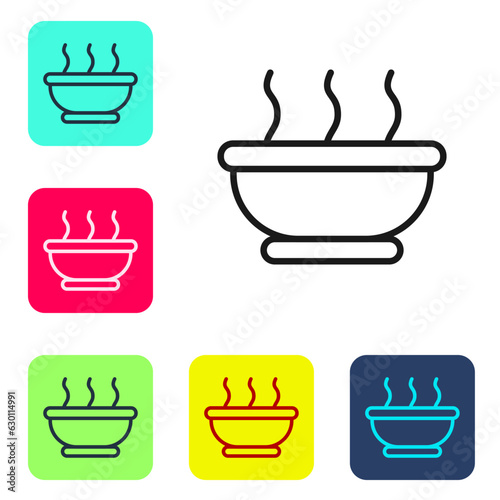 Black line Bowl of hot soup icon isolated on white background. Set icons in color square buttons. Vector