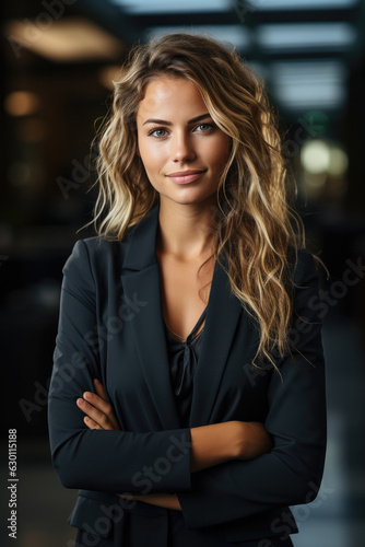a photography of a woman who is smiling and crossing her arms and is wearing business clothes