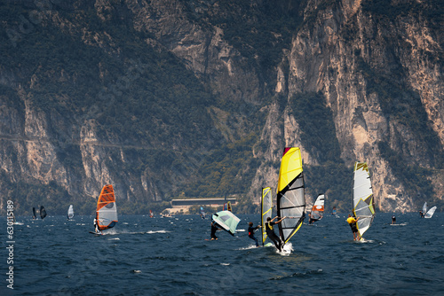 Windsurfing, Lakeside entertainment in the wind, Extreme sports. Italy, Garda 
