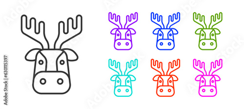 Fototapeta Naklejka Na Ścianę i Meble -  Black line Deer head with antlers icon isolated on white background. Set icons colorful. Vector