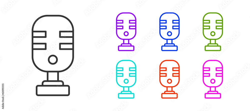 Black line Microphone icon isolated on white background. On air radio mic microphone. Speaker sign. Set icons colorful. Vector