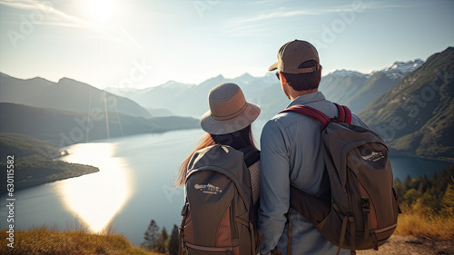 Couple with a hat and backpack looking at the mountains and lake from the top of a mountain,generative ai