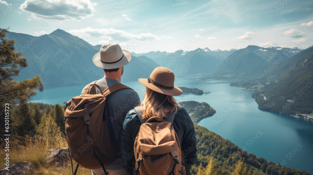 Couple with a hat and backpack looking at the mountains and lake from the top of a mountain,generative ai
