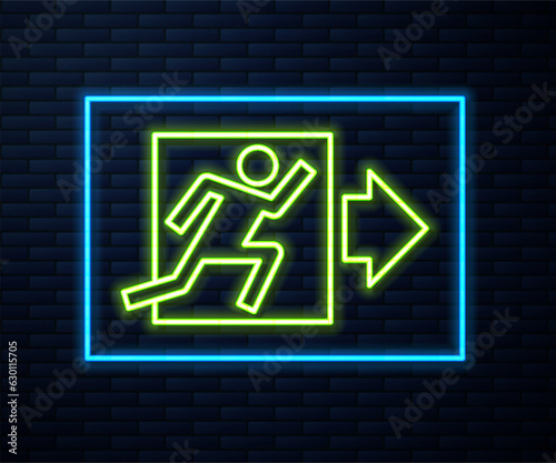 Glowing neon line Fire exit icon isolated on brick wall background. Fire emergency icon. Vector