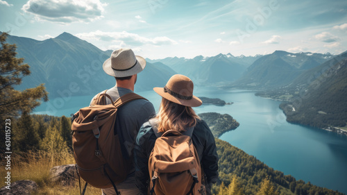 Couple with a hat and backpack looking at the mountains and lake from the top of a mountain,generative ai photo