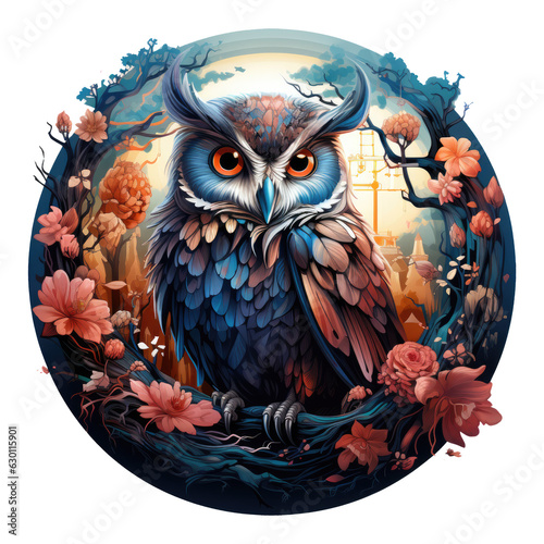 A mystical owl t-shirt design set in an enchanted forest at night, where the owl is depicted with luminescent feathers, Generative Ai photo