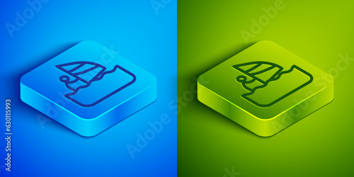 Isometric line Windsurfing icon isolated on blue and green background. Square button. Vector