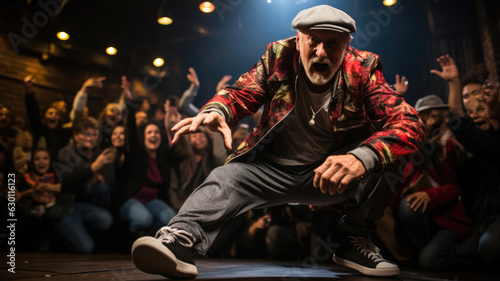 elderly man performing a airflare breakdance move in the midst of a dance battle, surrounded by a cheering crowd of hundreds