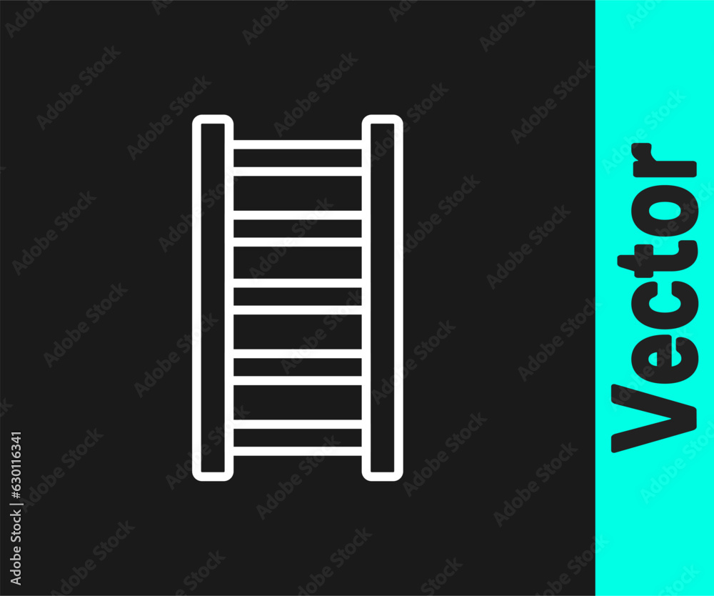 White line Fire escape icon isolated on black background. Pompier ladder. Fireman scaling ladder with a pole. Vector White line Fire escape icon isolated on black background. Pompier ladder. Fireman scaling ladder with a pole. Vector