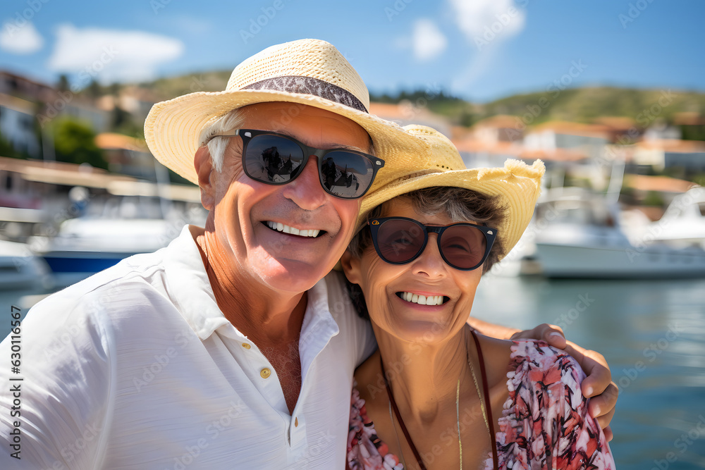 Happy Retired Senior Couple on Vacation: Smiling Elder Man and Woman Enjoying Holidays and Travel
