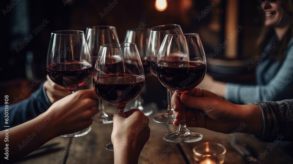 Friends drinking red wine, created with Generative AI technology.
