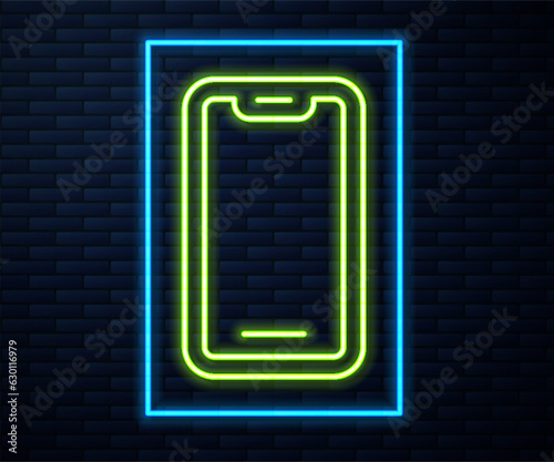 Glowing neon line Smartphone, mobile phone icon isolated on brick wall background. Vector