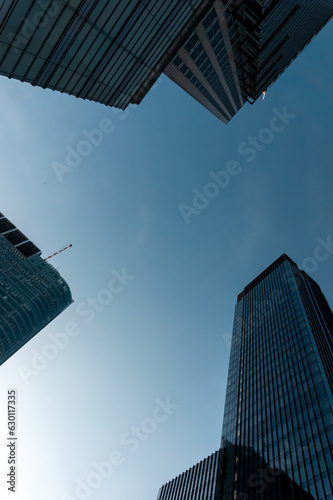 modern skyscraper tall building look up, urban street view