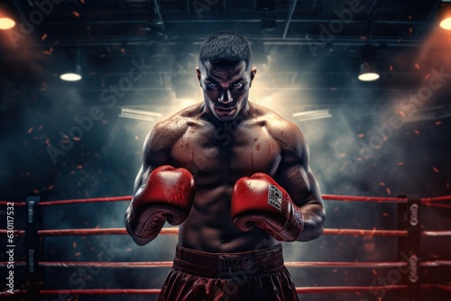 In the boxer stadium, a male boxer can be seen wearing red boxing gloves, surrounded by a cloud of smoke in the background.