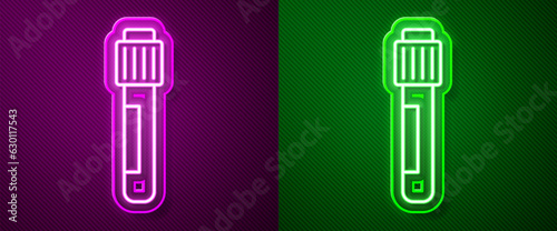 Glowing neon line Test tube and flask chemical laboratory test icon isolated on purple and green background. Laboratory glassware sign. Vector