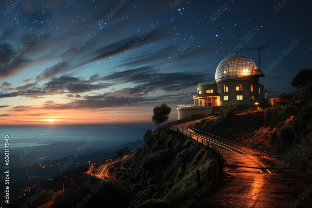 Huge astronomical observatory against the evening sky.