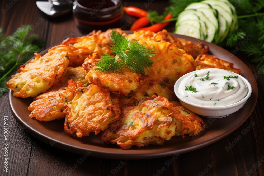 Vegetable pancakes with herb dip Vegetable pancakes with herb dip